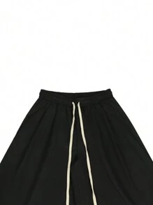 Claim Dot 男士抽绳腰阔腿裤超大码长休闲裤纯黑色秋季外出裤 - 黑色 - 查看 6