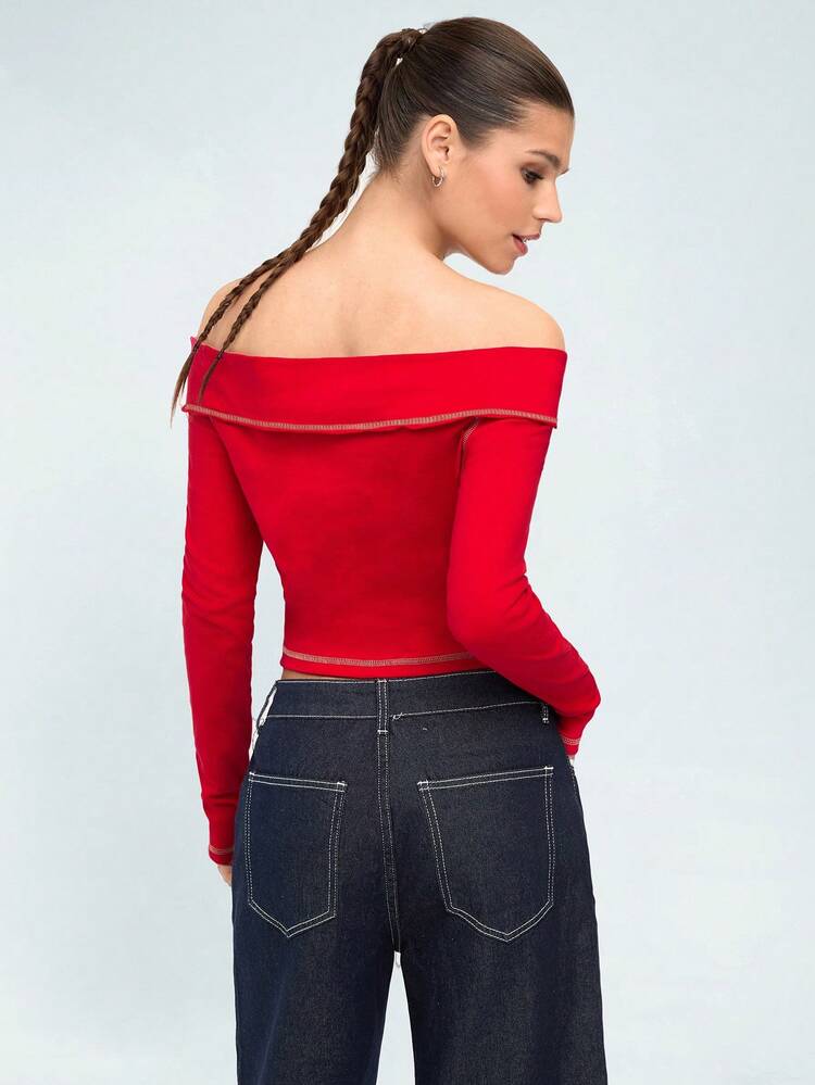 Women's Off Shoulder Star Embroidery Long Sleeve T-Shirt