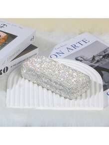 1pc Cute Eyeglasses Case, Rhinestone Hard Shell Protective Eyeglasses Case, Eyeglasses Sunglasses Storage Case, Home Decor, Valentines Gift, Valentines Decor, Gift For Man, Gift For Woman. Bling Rhinestone Glasses Case Decorative Sunglasses Reading Glasses Holder Case, Eyes Glasses Storage Organizer Box, For Travel For Trip Car Glasses Box. Makeup Bag Cosmetic Bag - Silver - View 1
