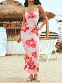 SHEIN WYWH Women's Casual Floral Print Draped Neck Backless Tank Long Dress, Suitable For Vacation - Multicolor - View 5