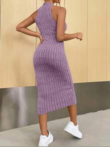 SHEIN Essnce Solid Color Ribbed Waist Cinched Sleeveless Dress,Lavender Dress - Mauve Purple - View 2
