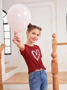 SHEIN Tween Girl Dệt Kim Trái Tim In Hình Cong Viền Áo Thun Nữ Tay Ngắn Đơn Giản Với Vai Cut Out Và Chi Tiết Xoắn - Màu Đỏ Sâu - Xem 4