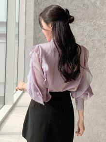 DAZY Bow Knot Tie Neck Chiffon Ruffle Hem Blouse - Purple - View 2