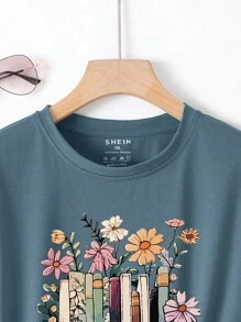 INAWLY 大码女式短袖 T 恤，带有书籍和花卉印花设计和圆领图案 T 恤女式上衣 - 霧霾藍 - 查看 5