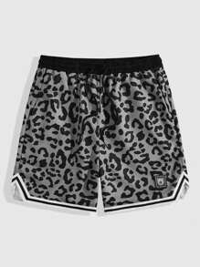 ROMWE MEN Prep Quần short bóng rổ họa tiết da báo rộng rãi thời trang cho nam mùa hè, đi học - Xám - Xem 1