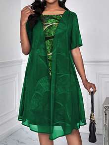SHEIN Lady Váy voan nửa trong in thực vật xuyên qua vải tay ngắn bên trong-bên ngoài Váy 2 trong 1 - Màu xanh lá cây đậm - Xem 3