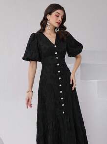 Modelyn Ladies' Solid Color Jacquard Bubble Sleeve Front Buttoned Dress Long Evening Dresses