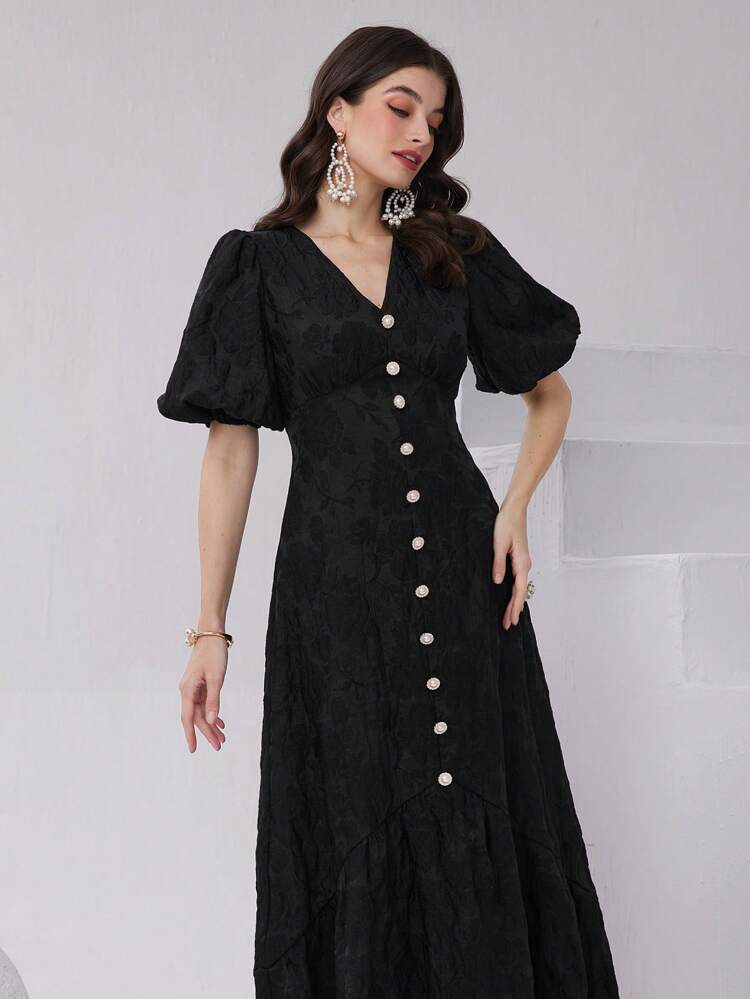 Ladies' Solid Color Jacquard Bubble Sleeve Front Buttoned Dress Long Evening Dresses