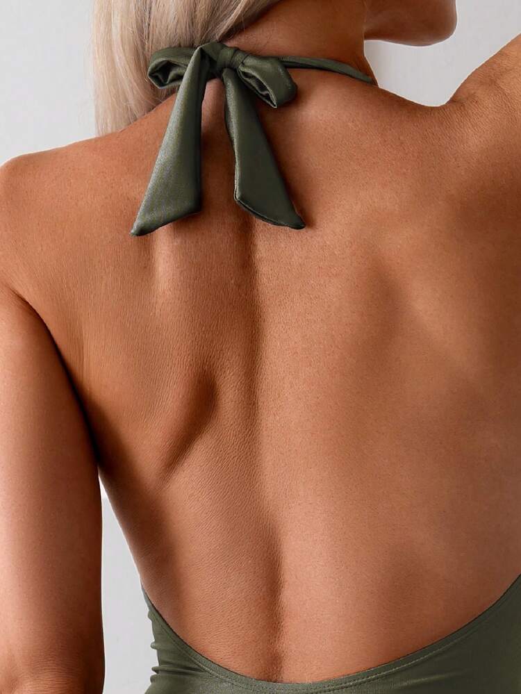 Women's Solid Light Green Deep V-Neck One-Piece Swimsuit Summer