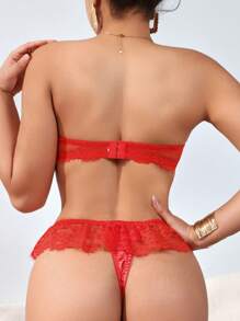 SHEIN Spliced Lace Tube Top Bra Set, Lingerie - Red - View 2