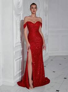 ADYCE Vestido de noche con hombros descubiertos, unicolor, con lentejuelas y pliegues, con abertura alta - Rojo - Ver 1