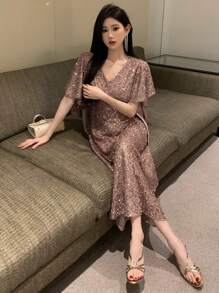 DAZY 女士闪亮荷叶边短袖A字返校礼服，新年舞会派对女士吊带裙亮片优雅女士嘉年华连衣裙 - 粉色 - 查看 8