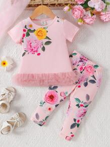 Baby Girl Floral Printed Mesh Contrast Top And Pants Set - Beige - View 1