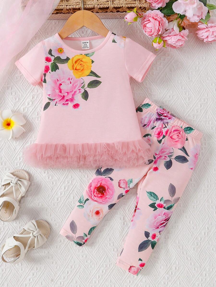 Baby Girl Floral Printed Mesh Contrast Top And Pants Set - Beige - View 1