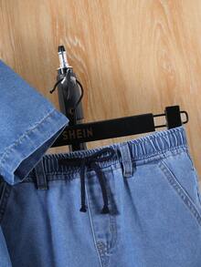 SHEIN 青少年男孩2入組休閒舒適軟質藍色丹寧襯衫和藍色破洞牛仔短褲套裝,適用於春夏青少年男孩服裝 - 中等水洗藍 - 查看 6