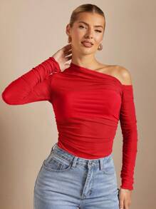 SHEIN BAE 露肩褶皺透視合身 T 卹 - 紅色 - 查看 8