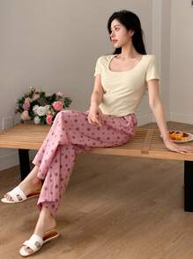 DAZY 女士时尚甜美舒适家居服套装睡衣 - 黃色 - 查看 1