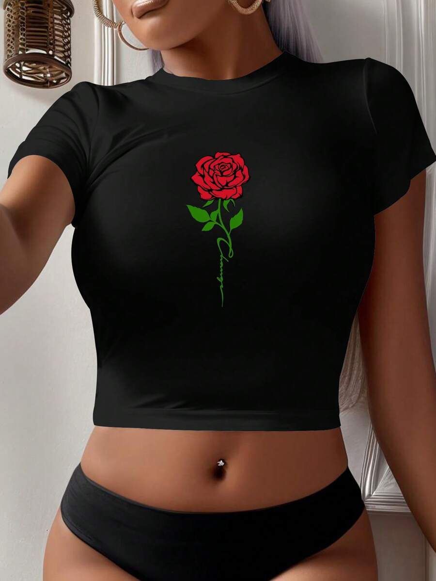 Slaydiva Casual Rose Pattern Round Neck Short Sleeve Cropped Slim-Fit Women's T-Shirt, Cotton Blend, Summer Suitable For Going Out