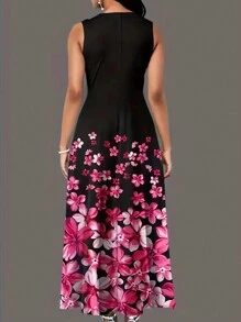 女士休闲无袖圆领印花连衣裙 粉色 度假 夏季 优雅 - 粉色 - 查看 2