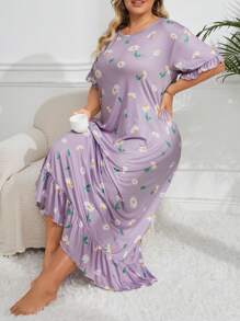 大码女式花卉印花荷叶边睡衣裙，长裙，Moo Moo