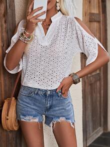 Breezaya 女性實色中空刺繡露肩凸顯領口襯衫 - 白色 - 查看 3