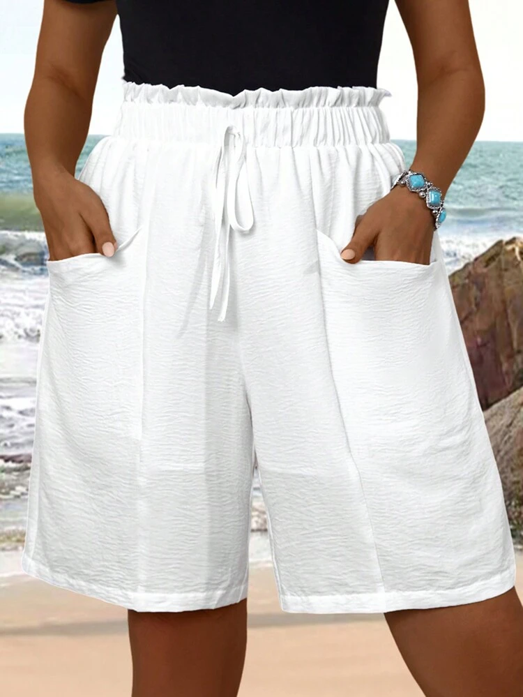 Plus Size Women's Summer White Doubledeck  Paper Bag Waist Double Pocket Bandage Comfy Shorts,Spring/Vacation