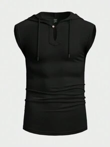Solurane Camiseta de tirantes con capucha y cordón de unicolor para hombres, vacaciones - Negro - Ver 2