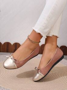 女士時尚圓頭大尺碼易穿脫舒適彩色蝴蝶結可調節芭蕾平底鞋(粉色) - 粉色 - 查看 6