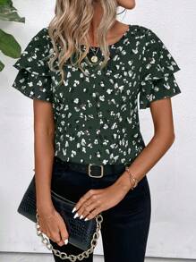 SHEIN Clasi Women's Summer Geometric Print Double Layered Ruffle Sleeve Blouse Music Festival - Dark Green - View 4