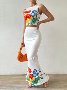 Chiquease Ensemble deux pièces slim fit avec imprimé de fleurs pour femmes - Blanc - Voir 4