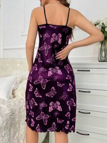 Butterfly Pattern Printed Spaghetti Strap Sleep Dress Pajama Dress - Purple - View 2