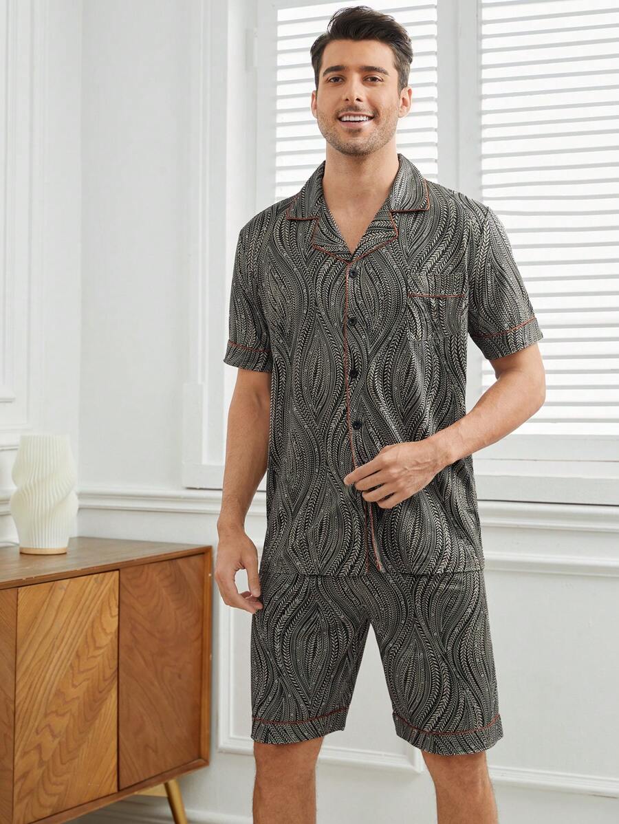 Men's Botanical Print Short Sleeve T-Shirt And Shorts Pajama Set - Black and White - View 1