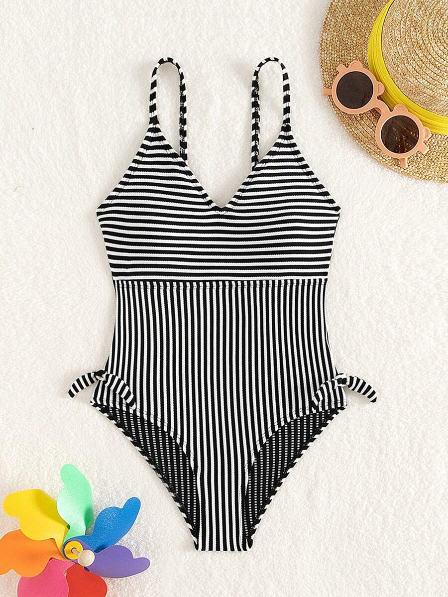 青春期女孩條紋連體泳衣,配有蝴蝶結裝飾,適用於夏季游泳、沙灘 - 黑與白 - 查看 1