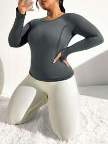 Gameset SHEIN Sport Plus Size, High Stretch, Round Neck, Dolman Sleeve, Thumb Hole Women's Sports T-Shirt