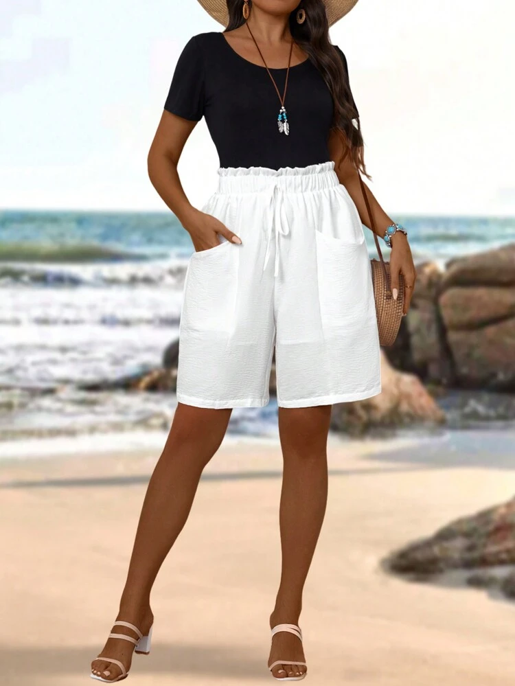 Plus Size Women's Summer White Doubledeck  Paper Bag Waist Double Pocket Bandage Comfy Shorts,Spring/Vacation