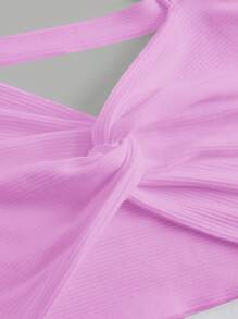 Soleia Solid Color Twist Knotted & Hollow Out Square Neck Women's Top - Mauve Purple - View 4