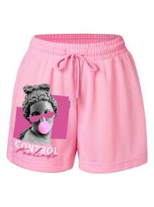 SHEIN EZwear 女性加大碼寬鬆粉色雕塑印花短褲 - 粉色 - 查看 1