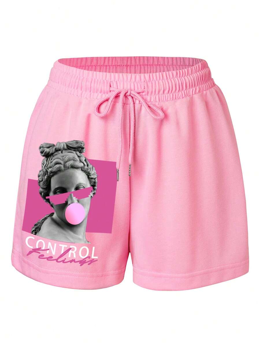 SHEIN EZwear 女性加大碼寬鬆粉色雕塑印花短褲 - 粉色 - 查看 1