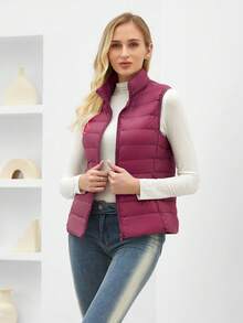 Chaleco corto de plumón ligero con cuello alto para mujer ZIAI, varios colores, casual para exteriores en otoño/invierno - Burdeos - Ver 7