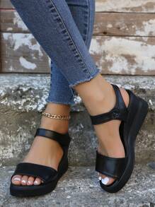 Women's Platform Wedge Sandals, Fashion Vacation Travel Daily Casual Outdoor Wear, Black Waterproof Hook And Loop Simple Beach Sandals