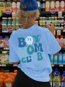 SHEIN EZwear Cartoon And Letter Print Drop Shoulder T-Shirt BOY MOM CLUB - Blue - View 1