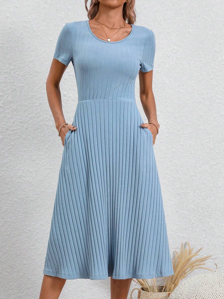 SHEIN LUNE Màu thuần Sọc Vòng cổ Đầm giản dị - Màu xanh lam - Xem 1
