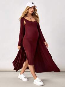 SHEIN Maternity Solid Cami Dress & Coat - Maroon - View 5