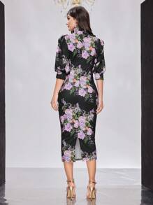 Mulvari Vrouwen Bloemenprint Kokerjurk Met Binding aan de voorkant