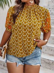 SHEIN LUNE 大碼滿版印花泡泡袖襯衫 - 黃色 - 查看 1