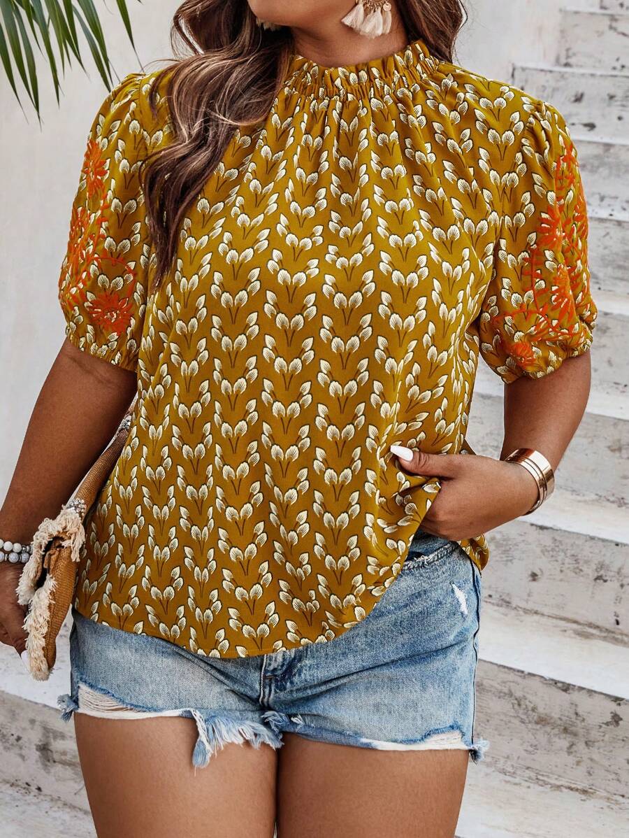 SHEIN LUNE 大碼滿版印花泡泡袖襯衫 - 黃色 - 查看 1