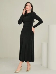 Modelyn 纯色女式收腰带袖连衣裙长款晚礼服 - 黑色 - 查看 6
