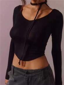 SHEIN ICON Women's Solid Slim Fit Cropped T-Shirt - Black - View 1