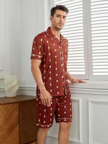 Men's Full Print Contrast Piping Homewear Set - Red - View 5