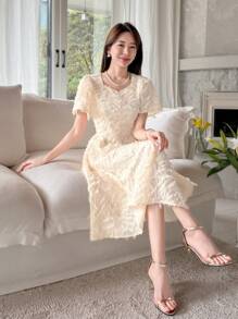 DAZY 纯色雪纺连衣裙，单排扣花卉镂空和 A 字下摆夏季太阳裙 - 米色 - 查看 8